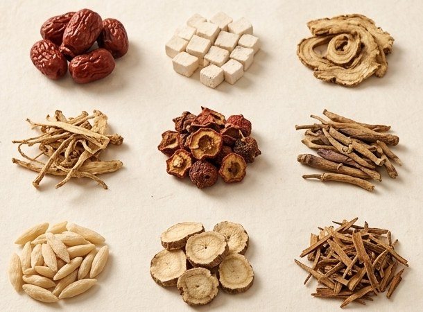 The nine dried herbs of Ding Xin Wan laid out in a grid on handmade rice paper
