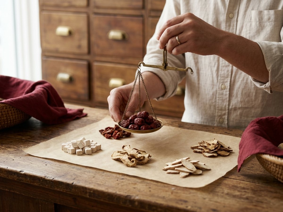 A practitioner's hands weighing dried jujube fruit on a brass hand scale over rice paper, with wooden apothecary drawers behind