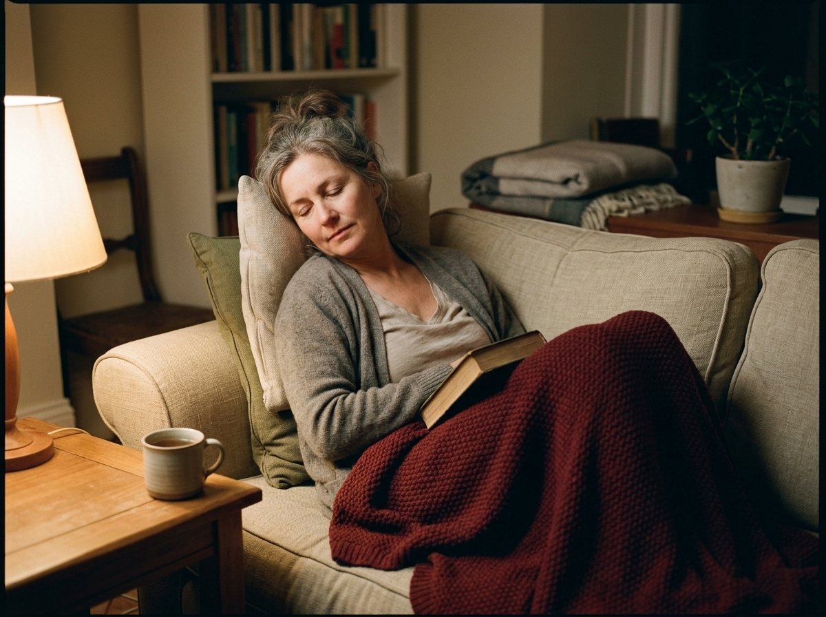 A woman in her fifties curled on a sofa under a warm lamp in the evening, a red throw over her legs and a book on her lap, eyes closed as the day settles
