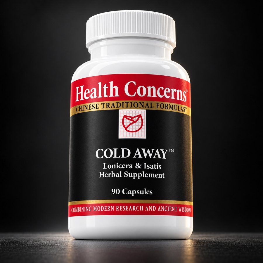 A bottle of Cold Away lit against a dark background