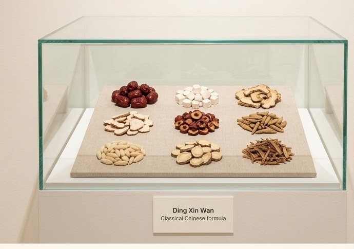 The nine herbs of Ding Xin Wan displayed in a museum glass case, with a placard reading Ding Xin Wan, classical Chinese formula
