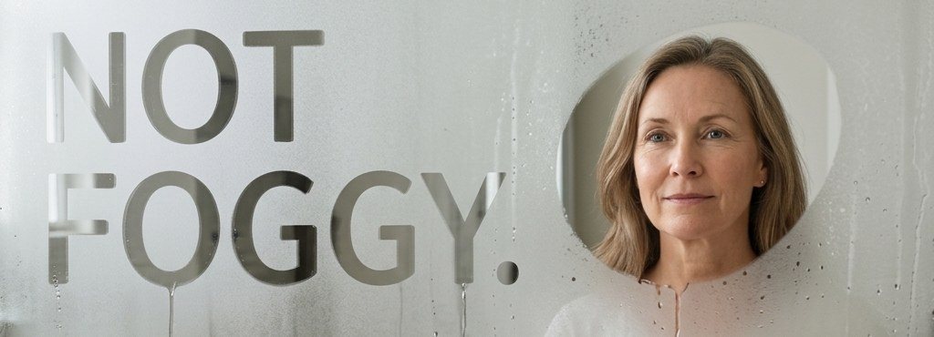 A fogged bathroom mirror with the words Not Foggy written in the steam, and a rested woman seen through a wiped-clear patch